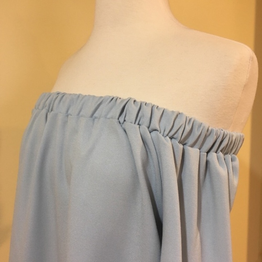 Off Shoulder Bow Tie Back Shirttail Hem Blouse Baby Blue - Picture 3 of 4